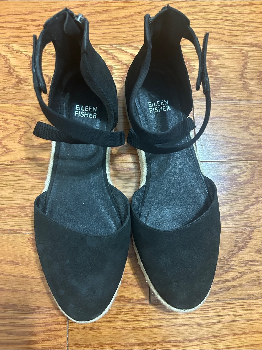 Eileen Fisher Black Suede Espadrille Ankle-Strap Flats